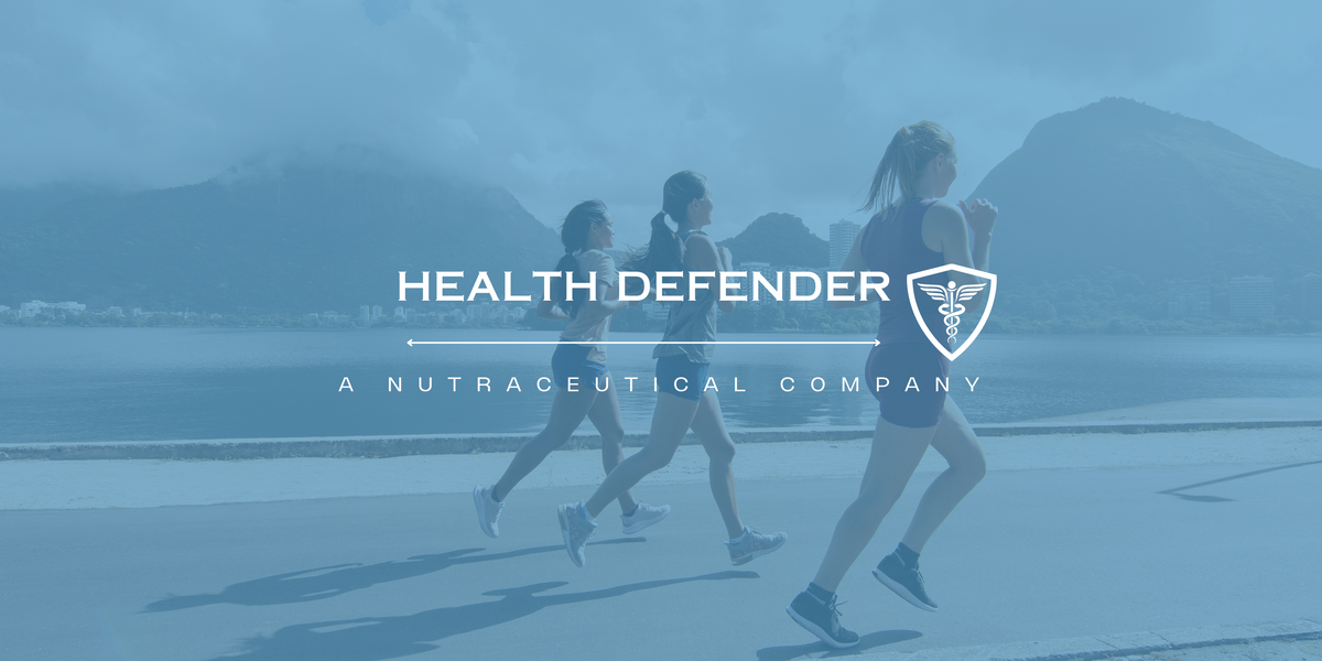 Three runners on a waterfront path under the Health Defender logo